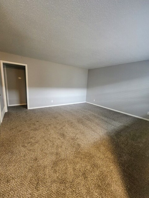 A room with a carpeted floor and a door.